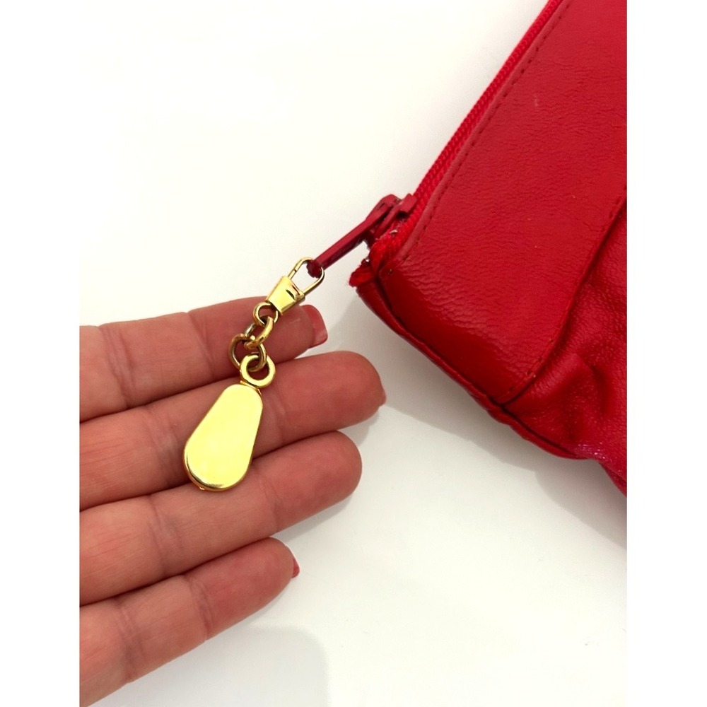 1980s Vintage Italian Red Leather Envelope Clutch Bag Ruched Slouchy Top Zip NOS - Picture 5 of 8
